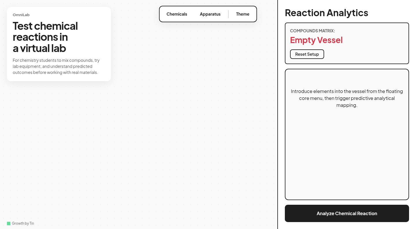 The OmniLab virtual chemistry workspace with a beaker area and reaction analysis panel